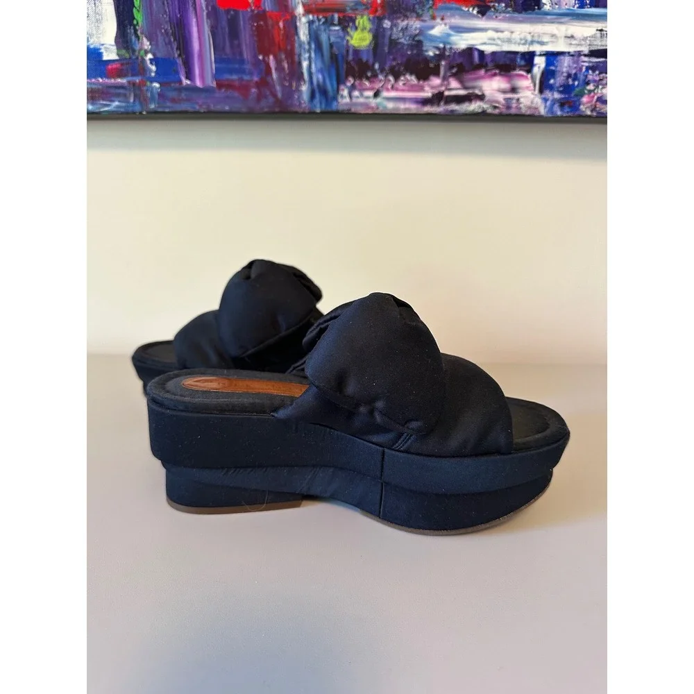 Chie Mihara Black Satin Bow Platform Slides | Size 36